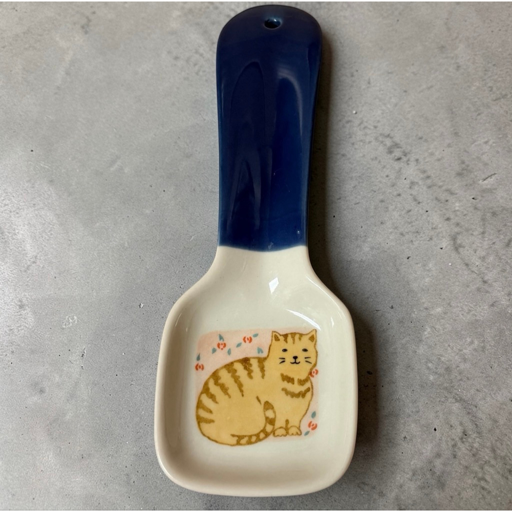 Vintage 1980s Otagiri Cat Spoon Rest Japan Kawaii Blue White Kitchen